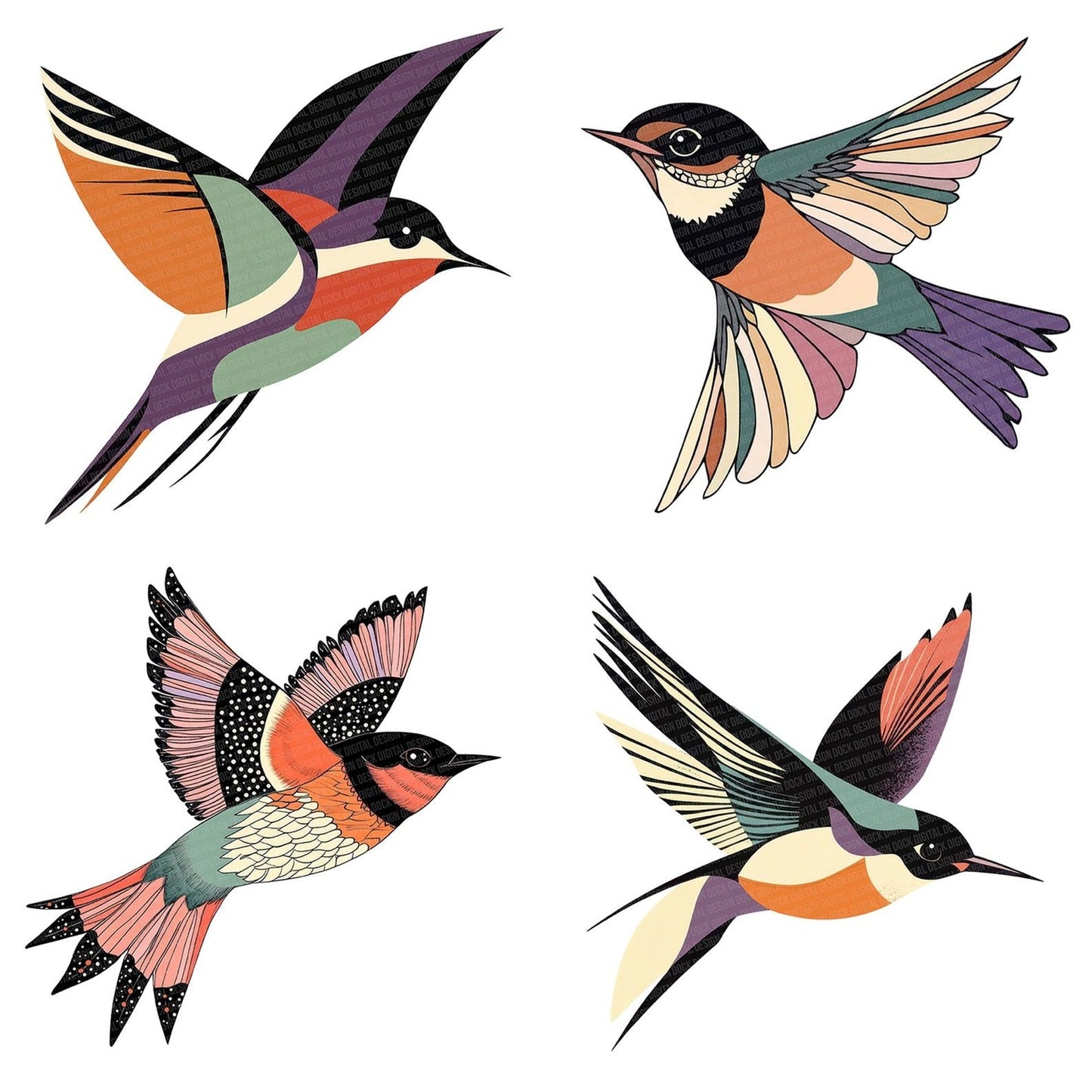 Folk Fabric Swallow Clipart Set (DDD005558)