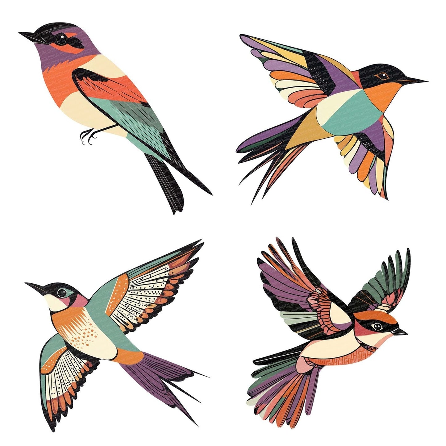 Folk Fabric Swallow Clipart Set (DDD005558)