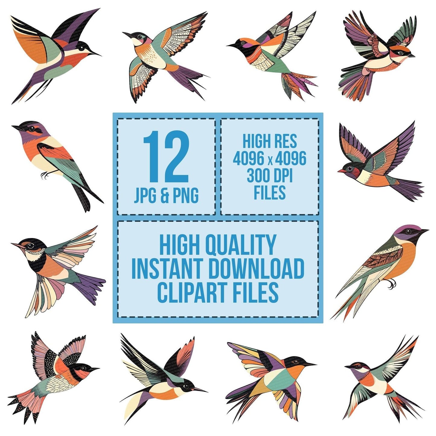 Folk Fabric Swallow Clipart Set (DDD005558)