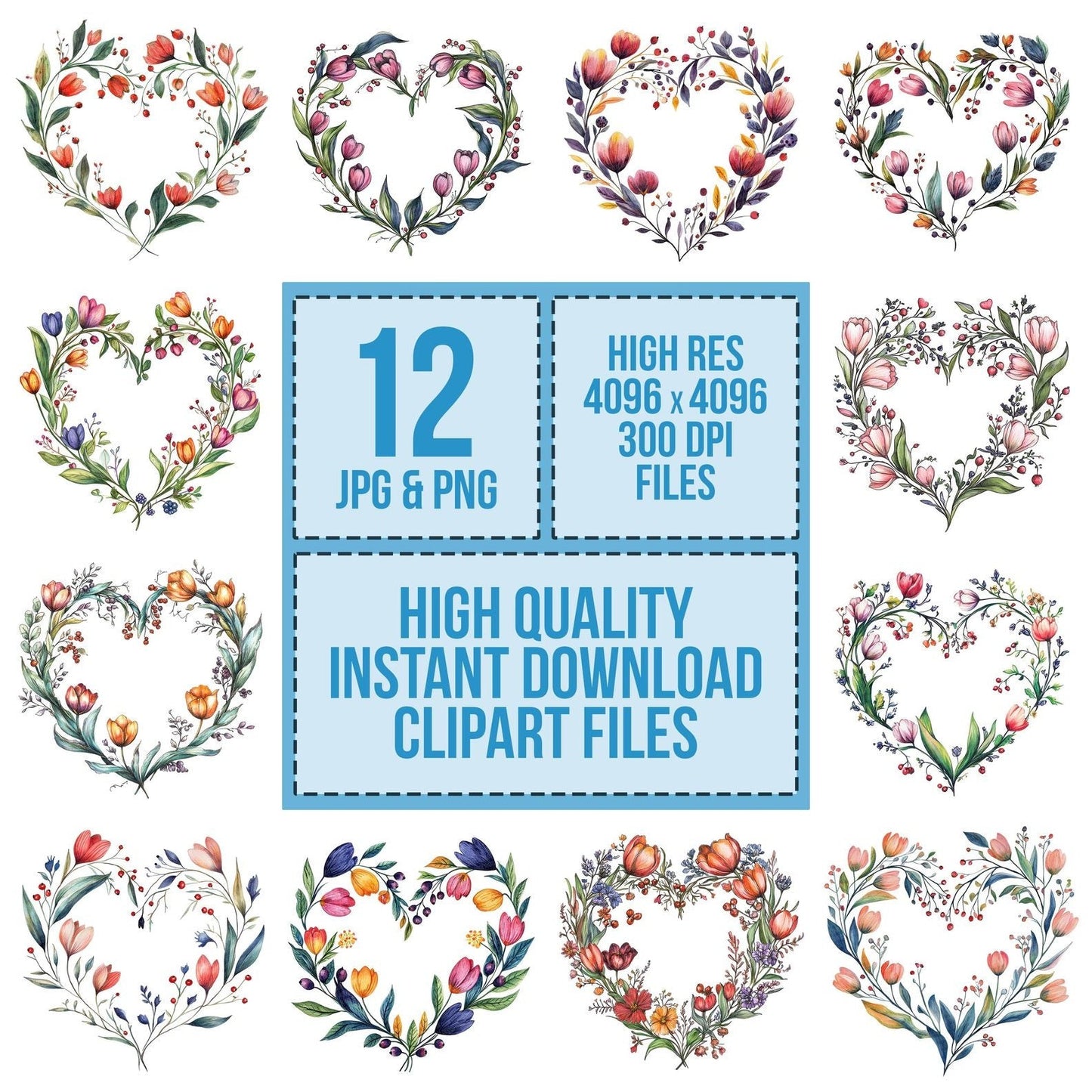 Folk Floral Heart Wreath Clipart Set (DDD005561)