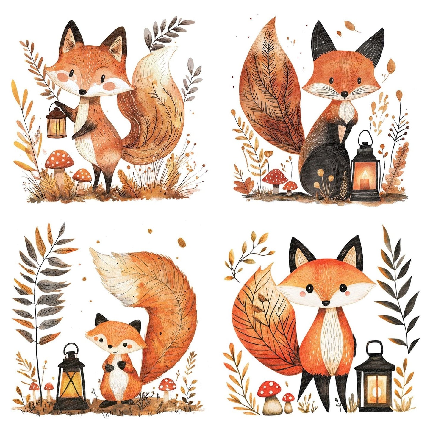 Folk Fox with Lantern Clipart Set (DDD005568)