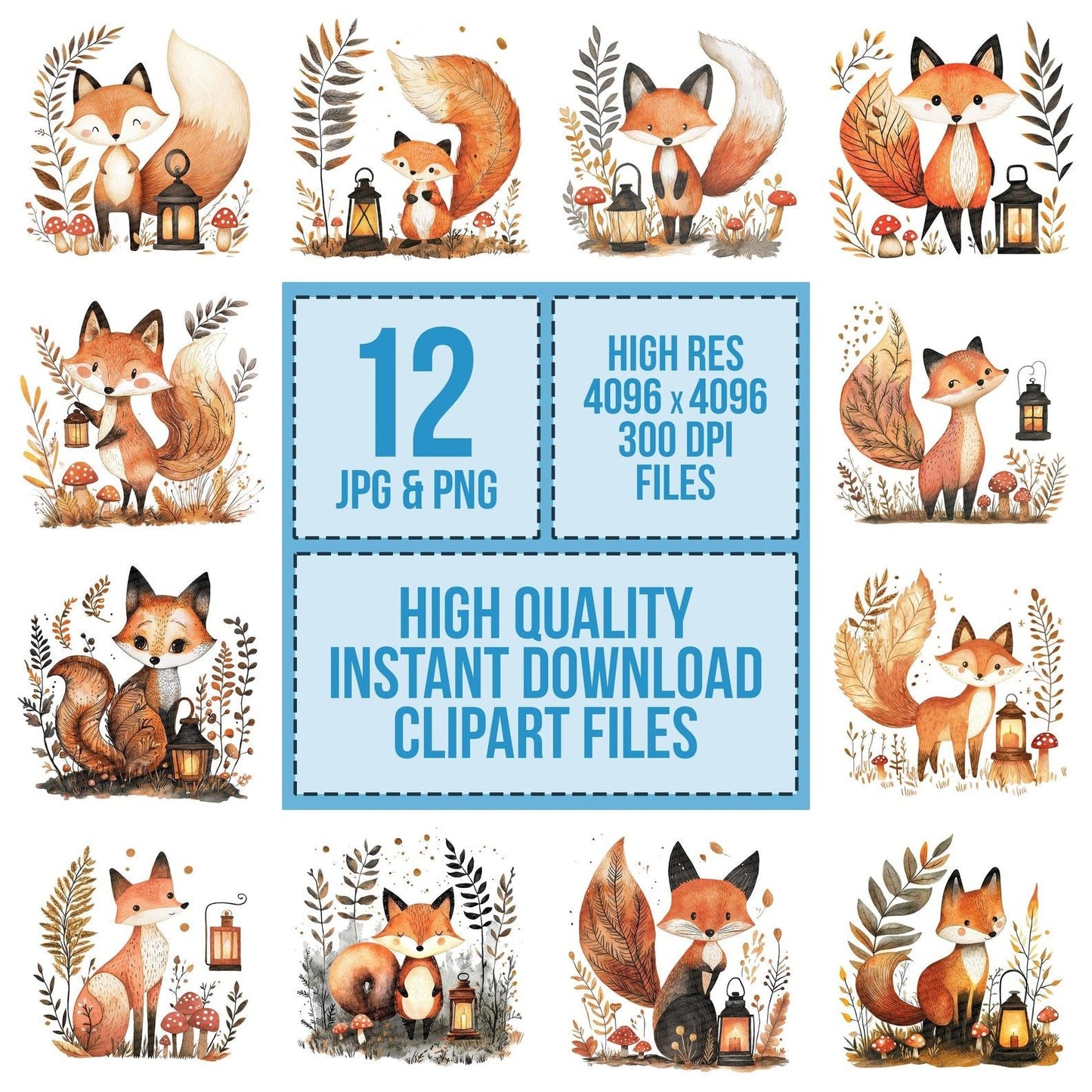 Folk Fox with Lantern Clipart Set (DDD005568)