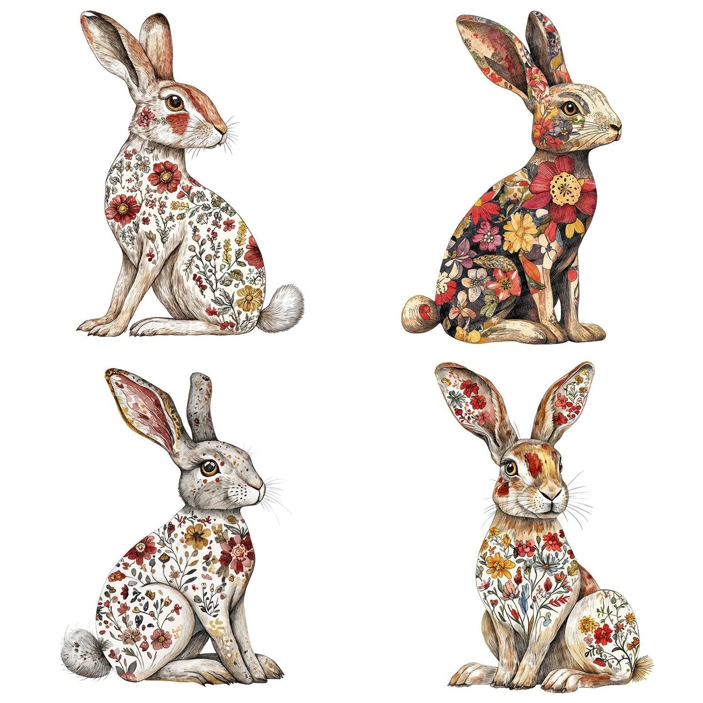 Folk Hare with Florals Clipart Set (DDD005572)