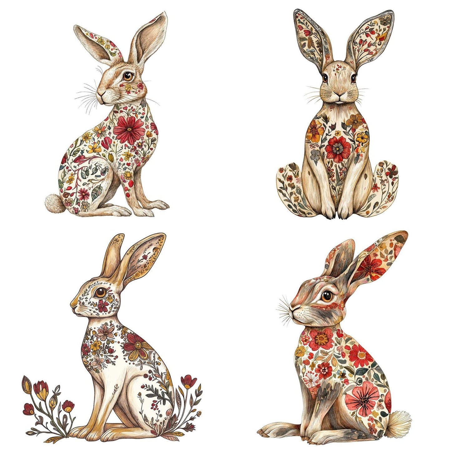 Folk Hare with Florals Clipart Set (DDD005572)