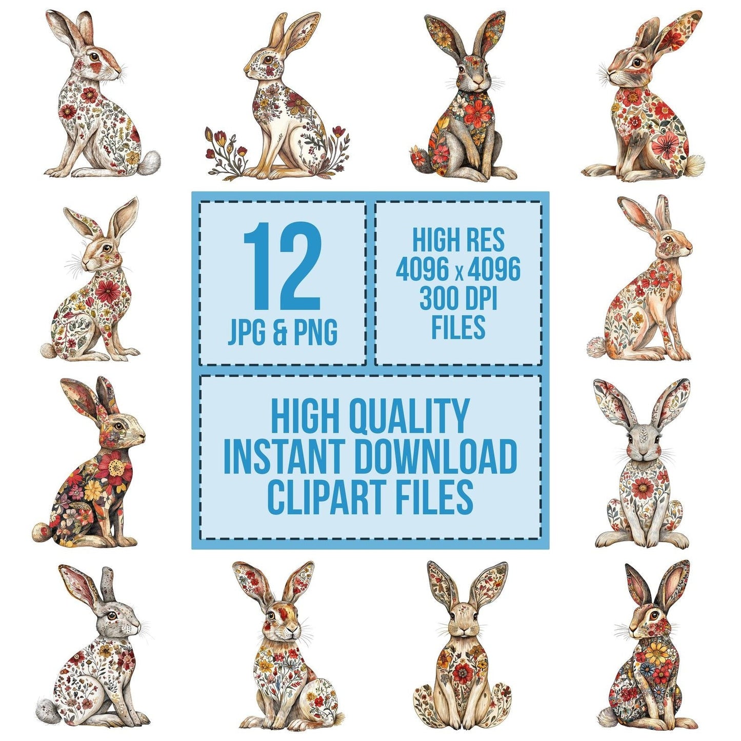 Folk Hare with Florals Clipart Set (DDD005572)