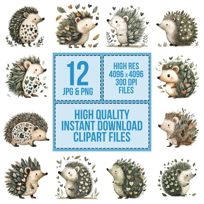Folk Hedgehog with Leaves clipart set cover showing the designs and file details