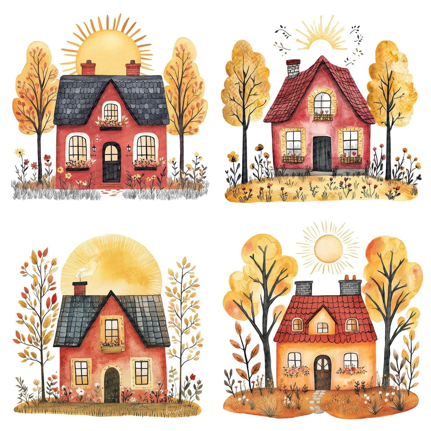 Folk House and Sunburst Clipart Set (DDD005576)