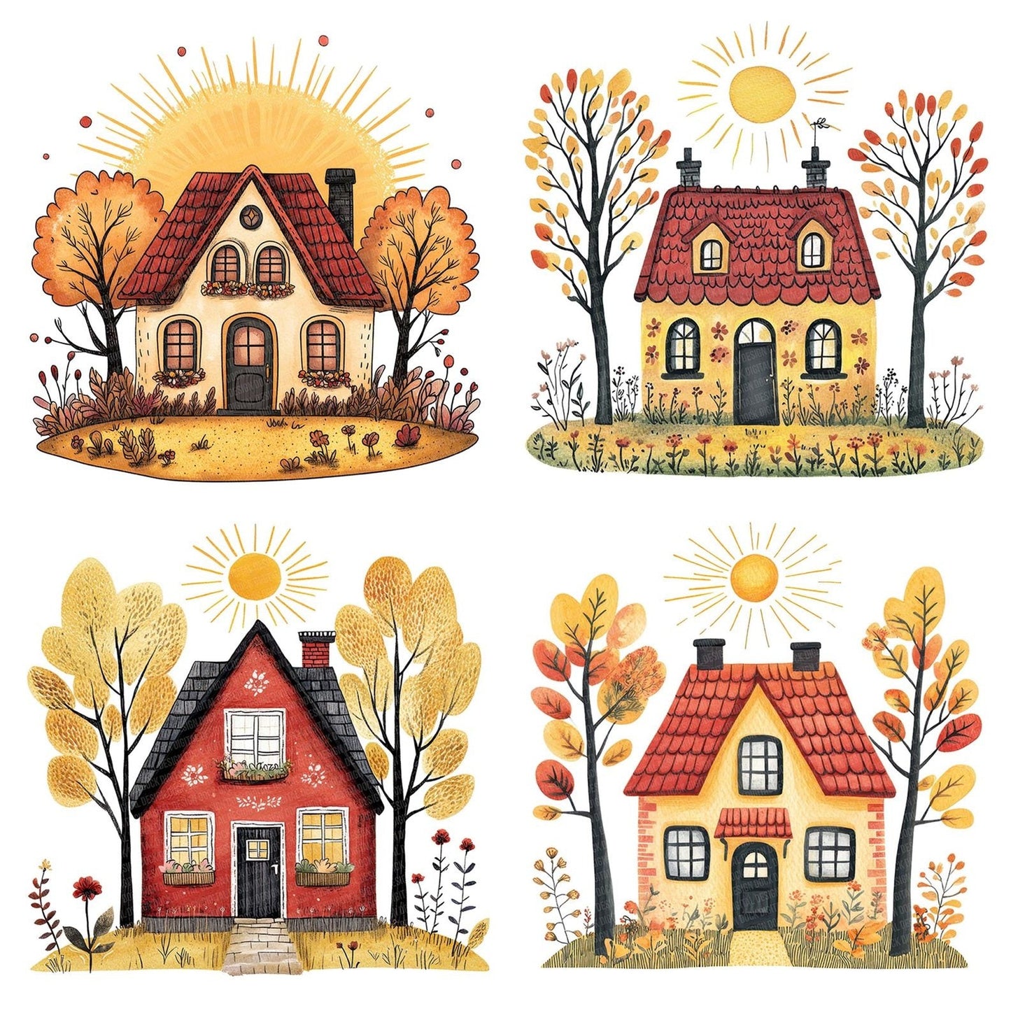 Folk House and Sunburst Clipart Set (DDD005576)