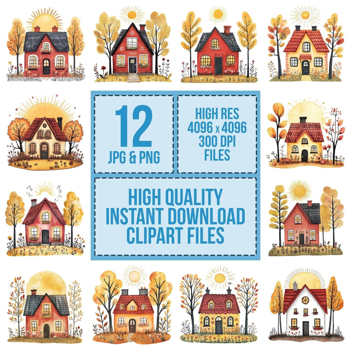 Folk House and Sunburst Clipart Set (DDD005576)