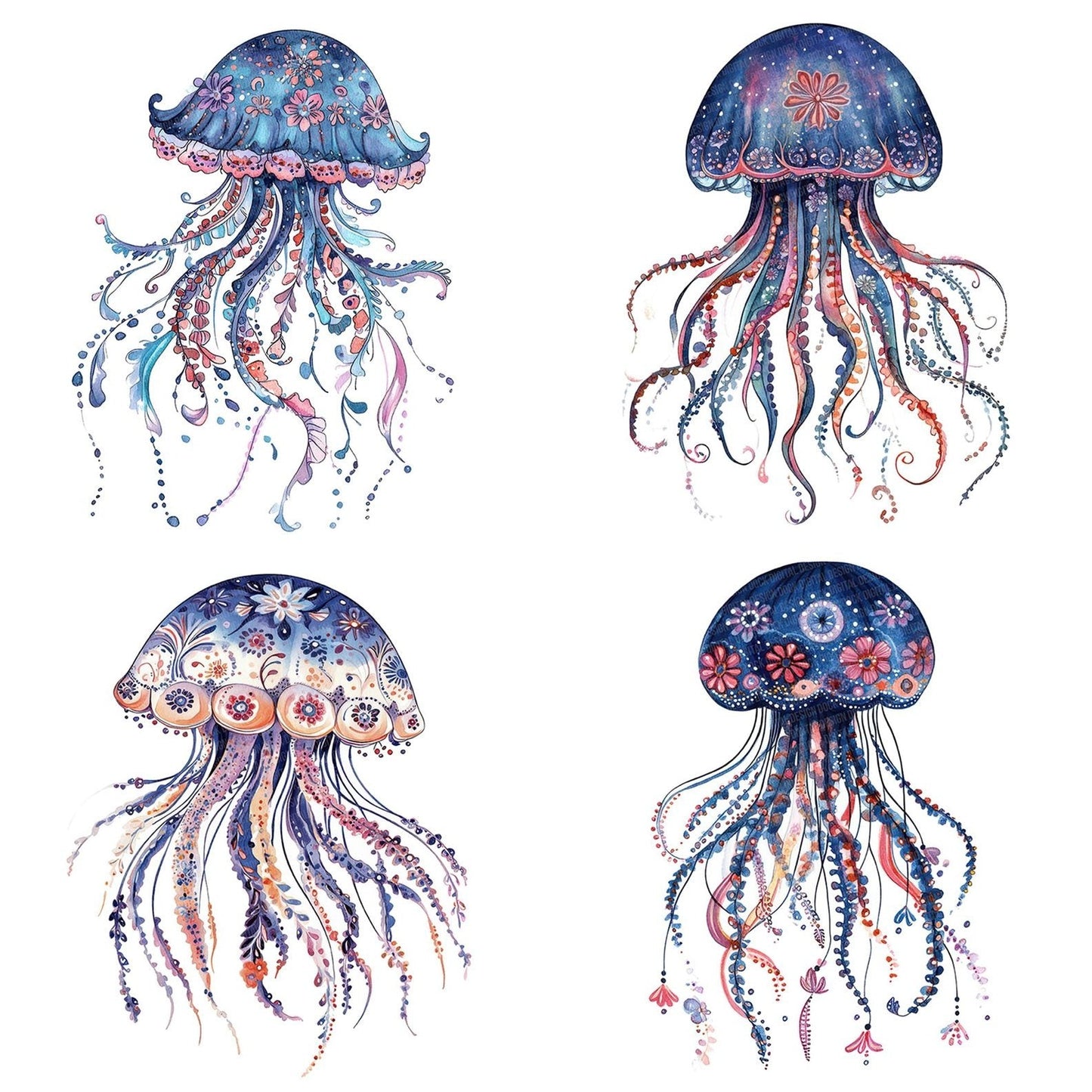 Folk Jellyfish with Florals Clipart Set (DDD005578)