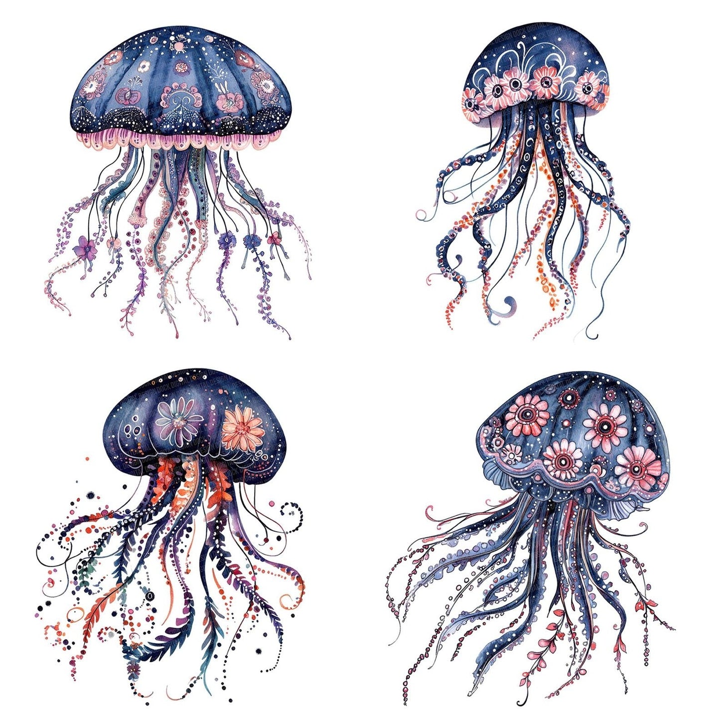 Folk Jellyfish with Florals Clipart Set (DDD005578)