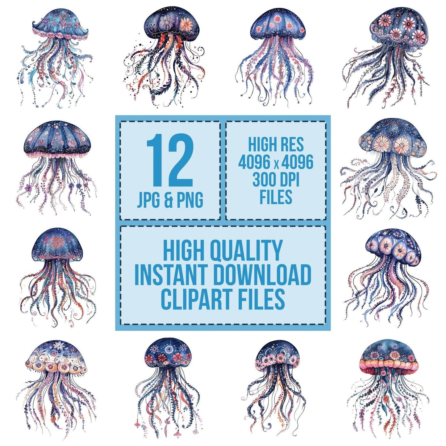 Folk Jellyfish with Florals Clipart Set (DDD005578)