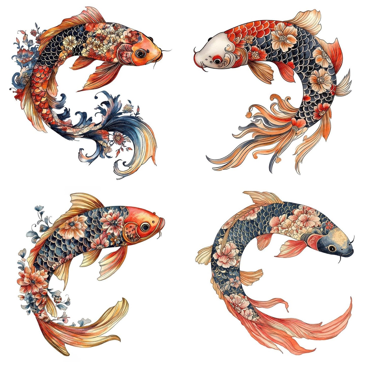 Folk Koi with Florals Clipart Set (DDD005581)
