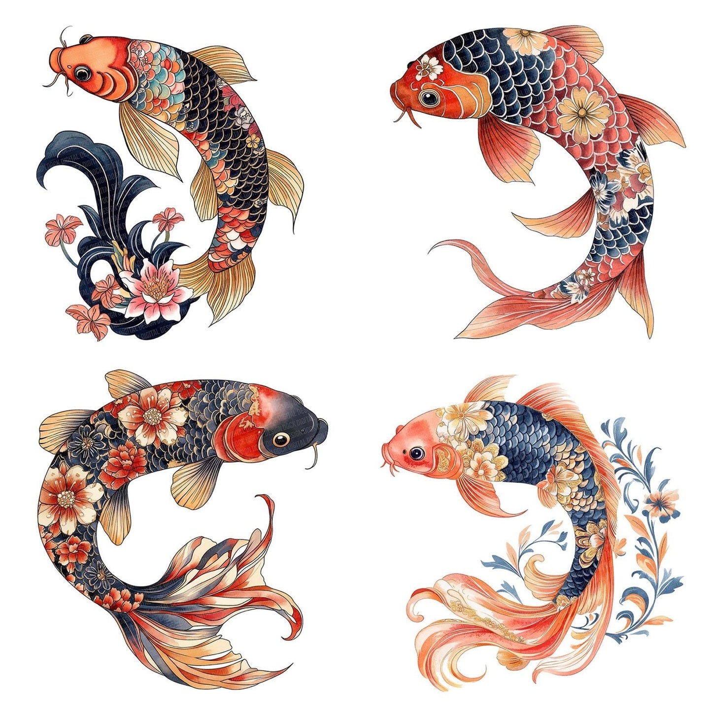 Folk Koi with Florals Clipart Set (DDD005581)