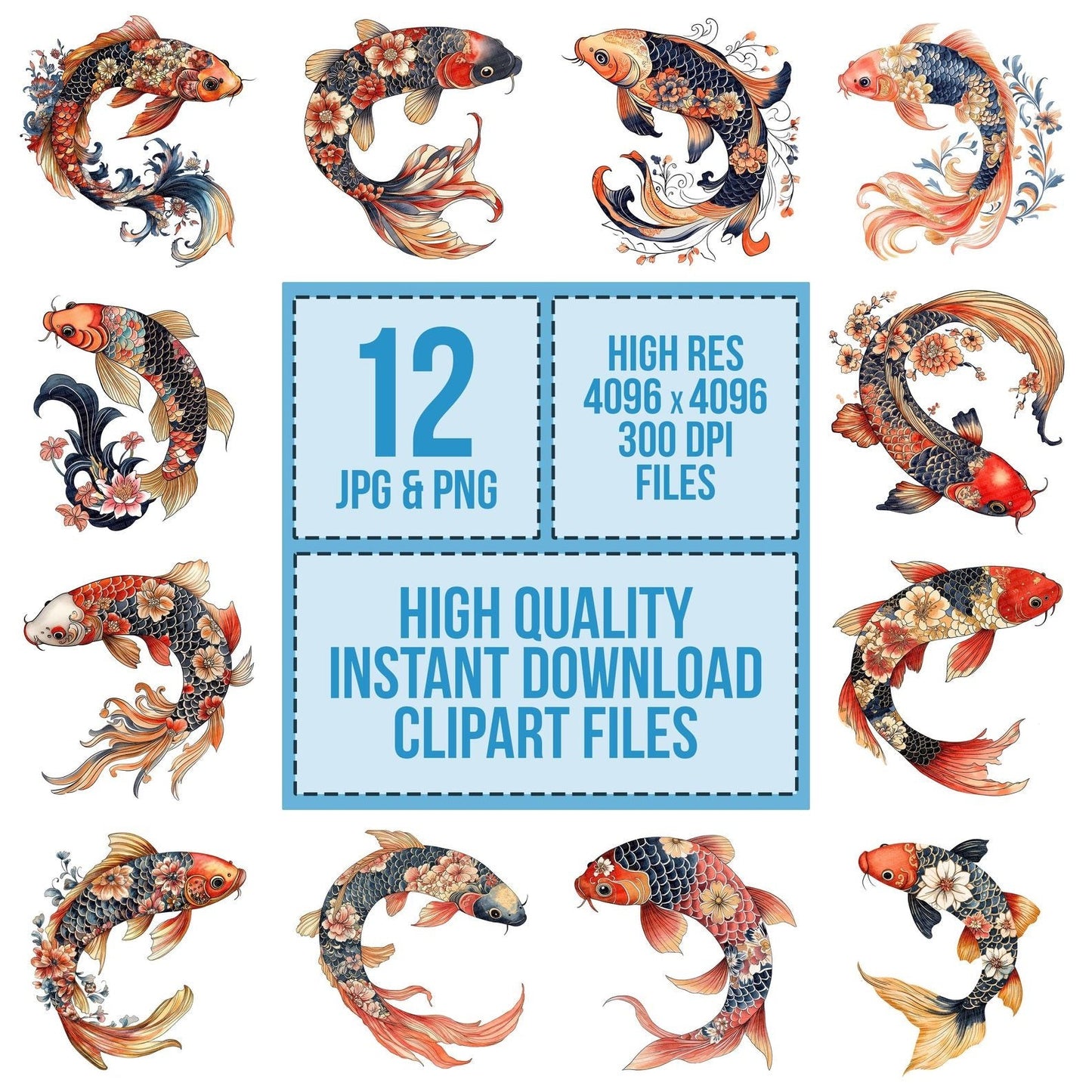 Folk Koi with Florals Clipart Set (DDD005581)