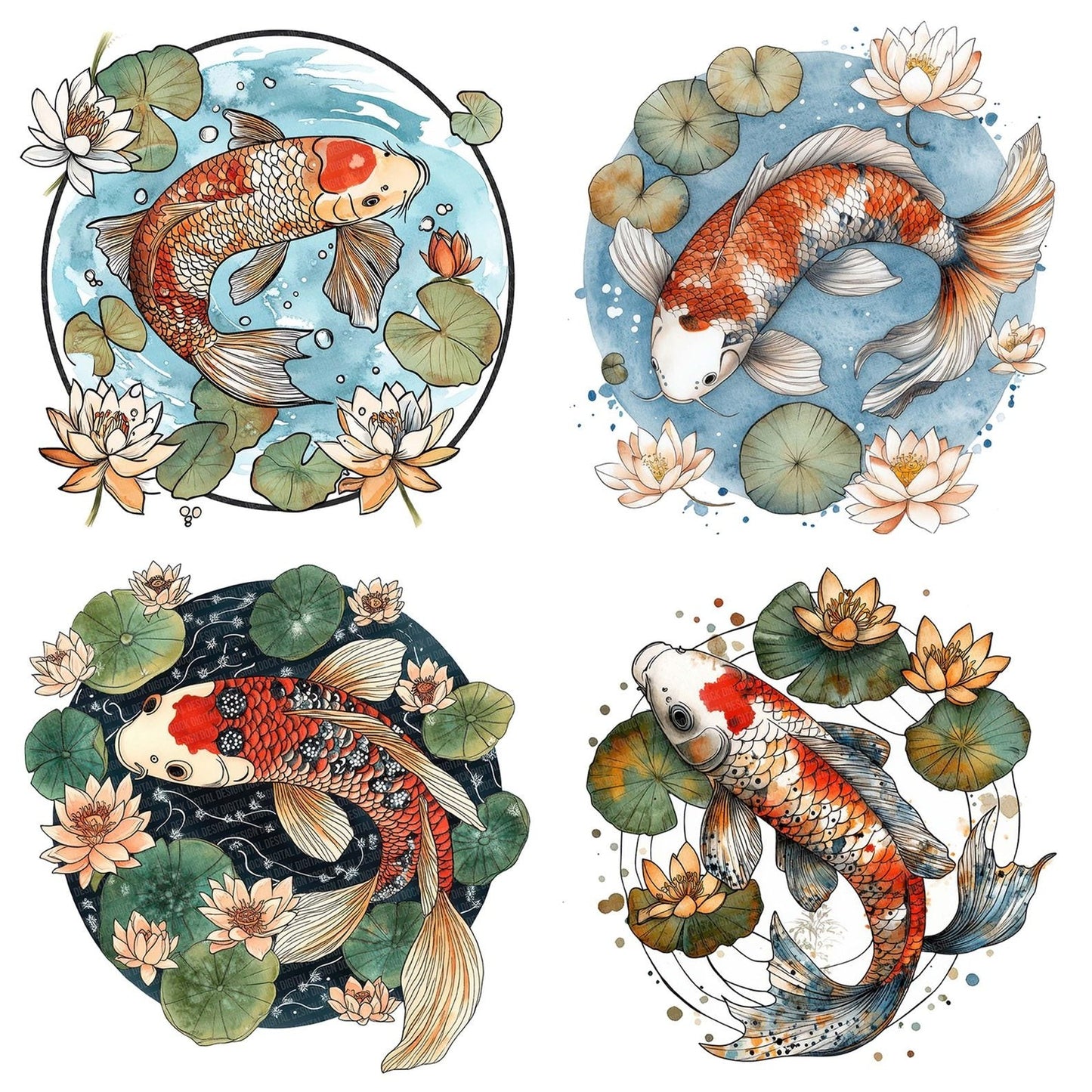 Folk Koi with Lily Ring Clipart Set (DDD005582)