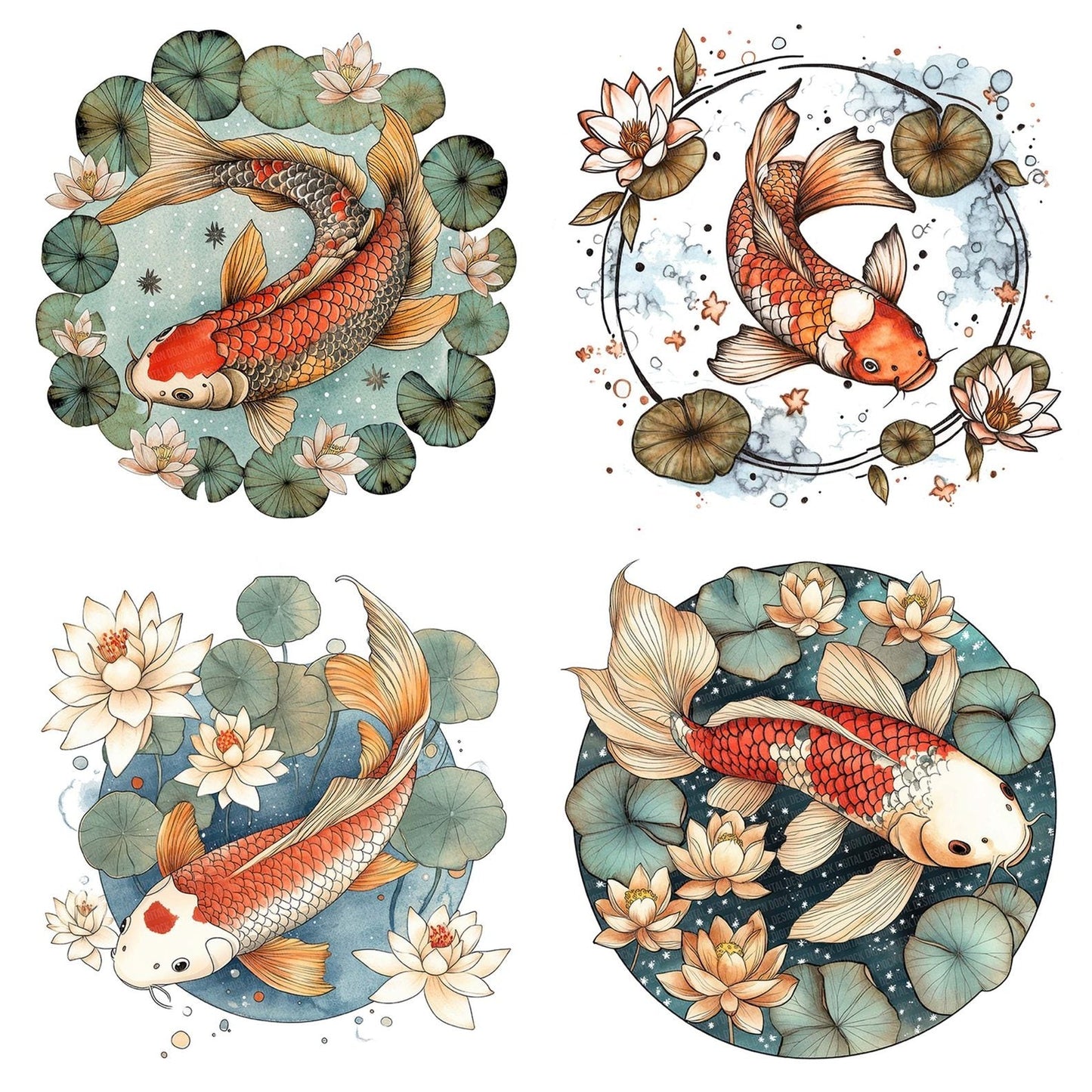 Folk Koi with Lily Ring Clipart Set (DDD005582)