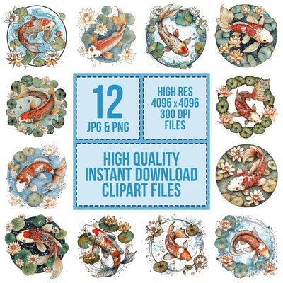 Folk Koi with Lily Ring Clipart Set (DDD005582)