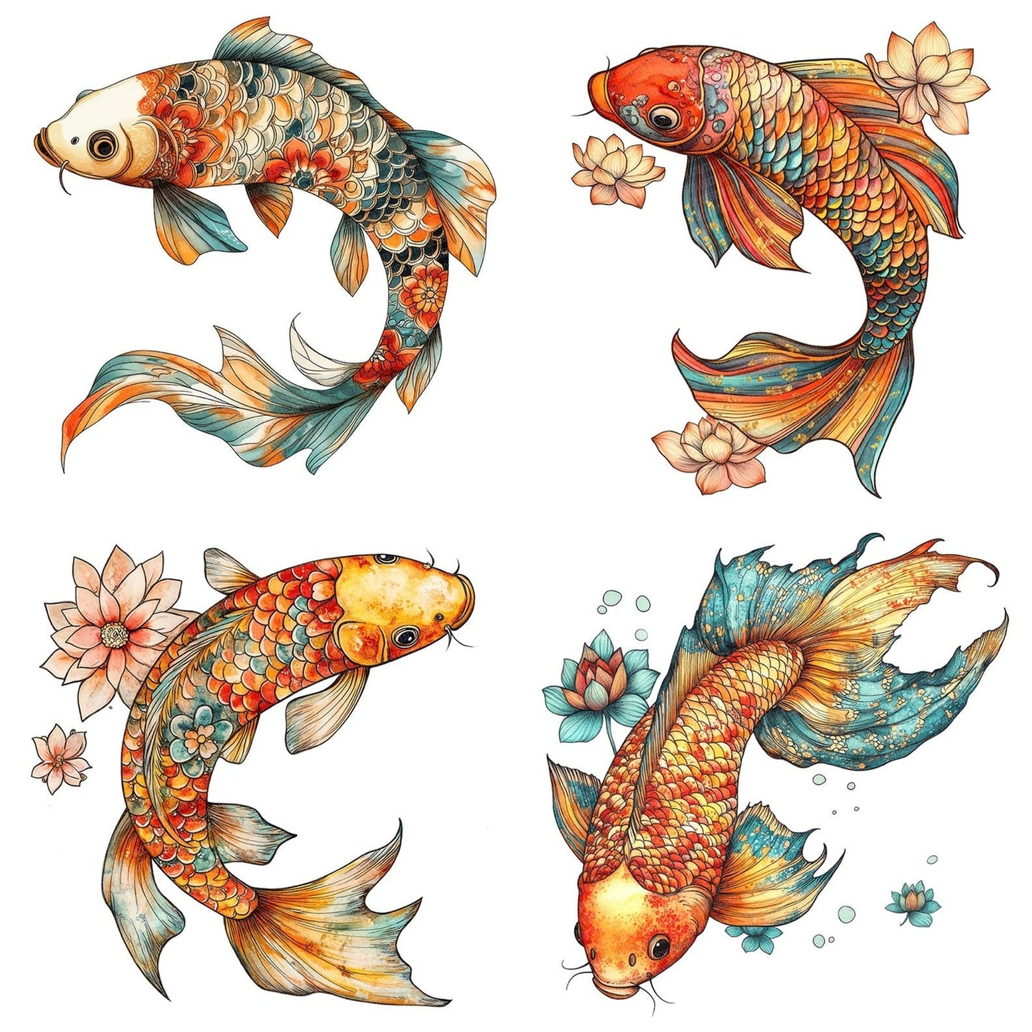 Folk Koi with Lotus Clipart Set (DDD005583)