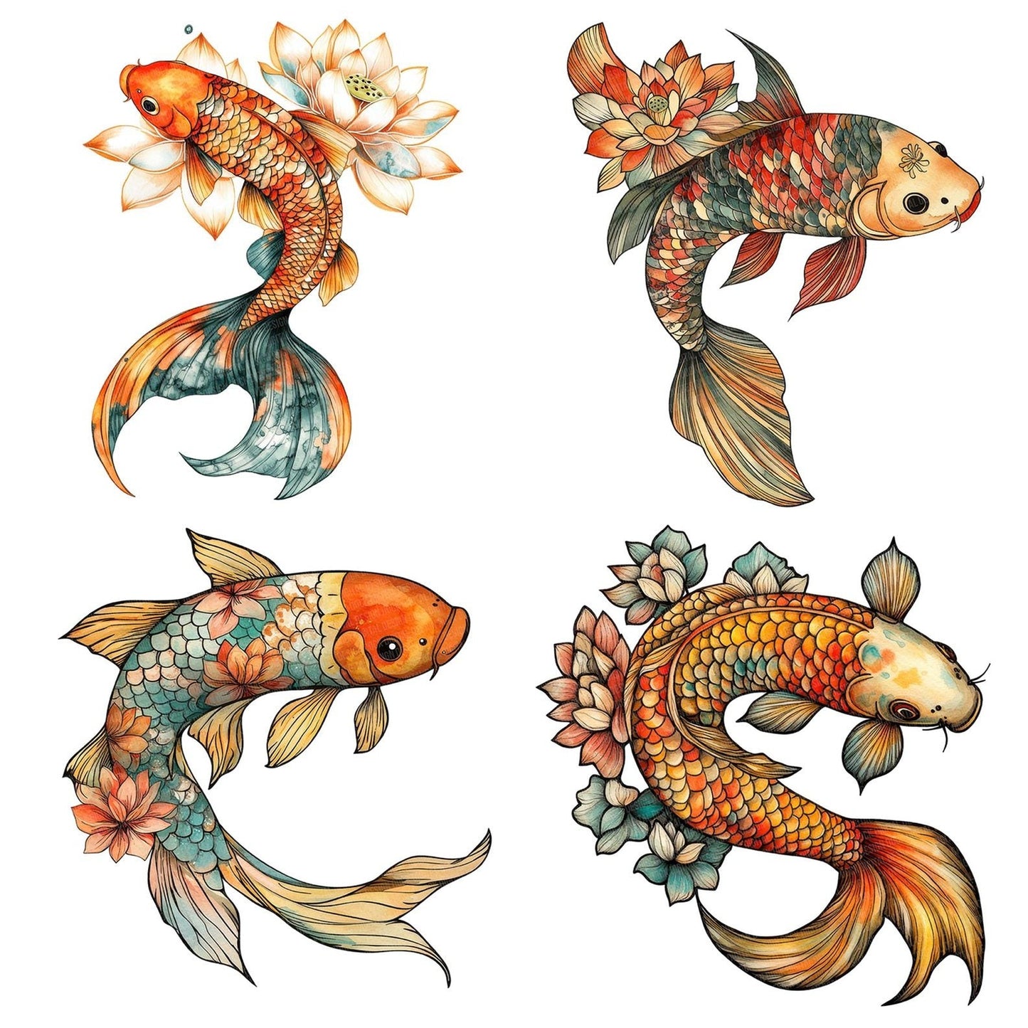 Folk Koi with Lotus Clipart Set (DDD005583)