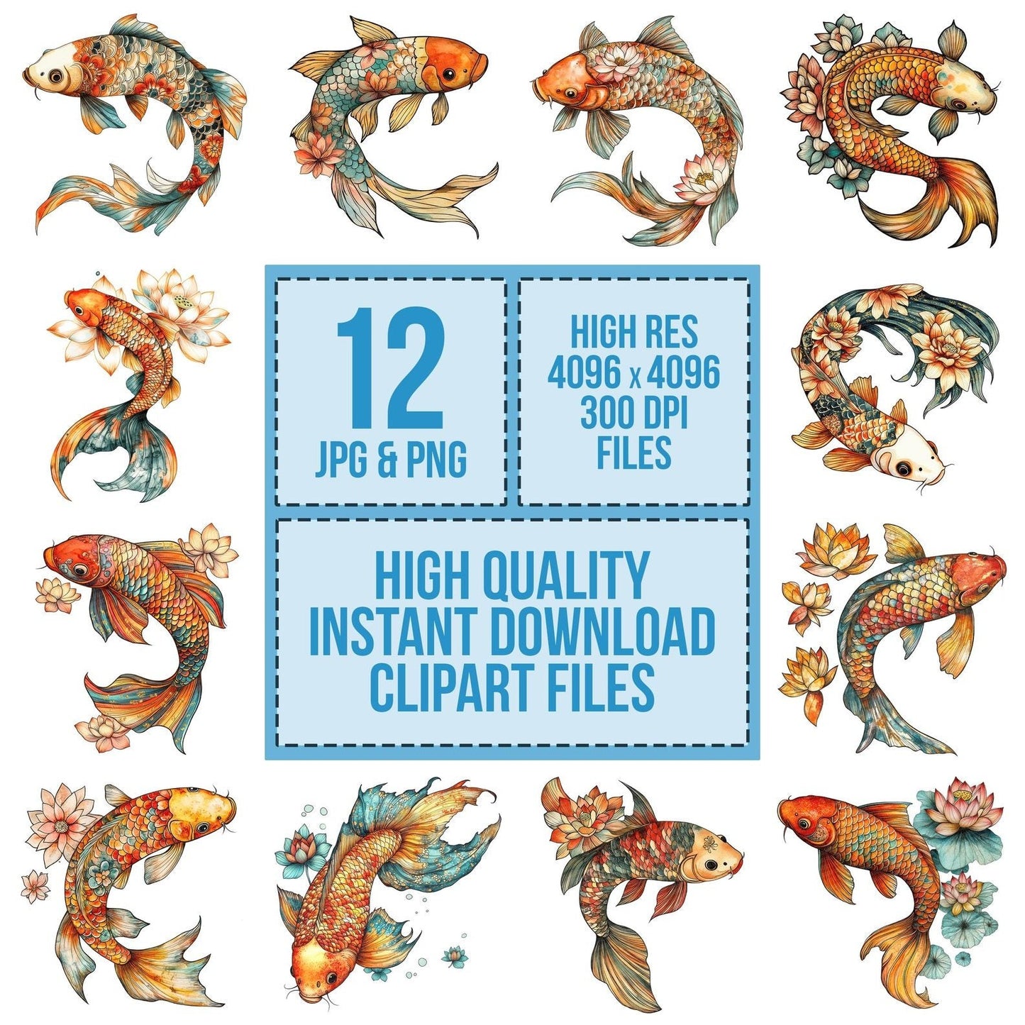 Folk Koi with Lotus Clipart Set (DDD005583)
