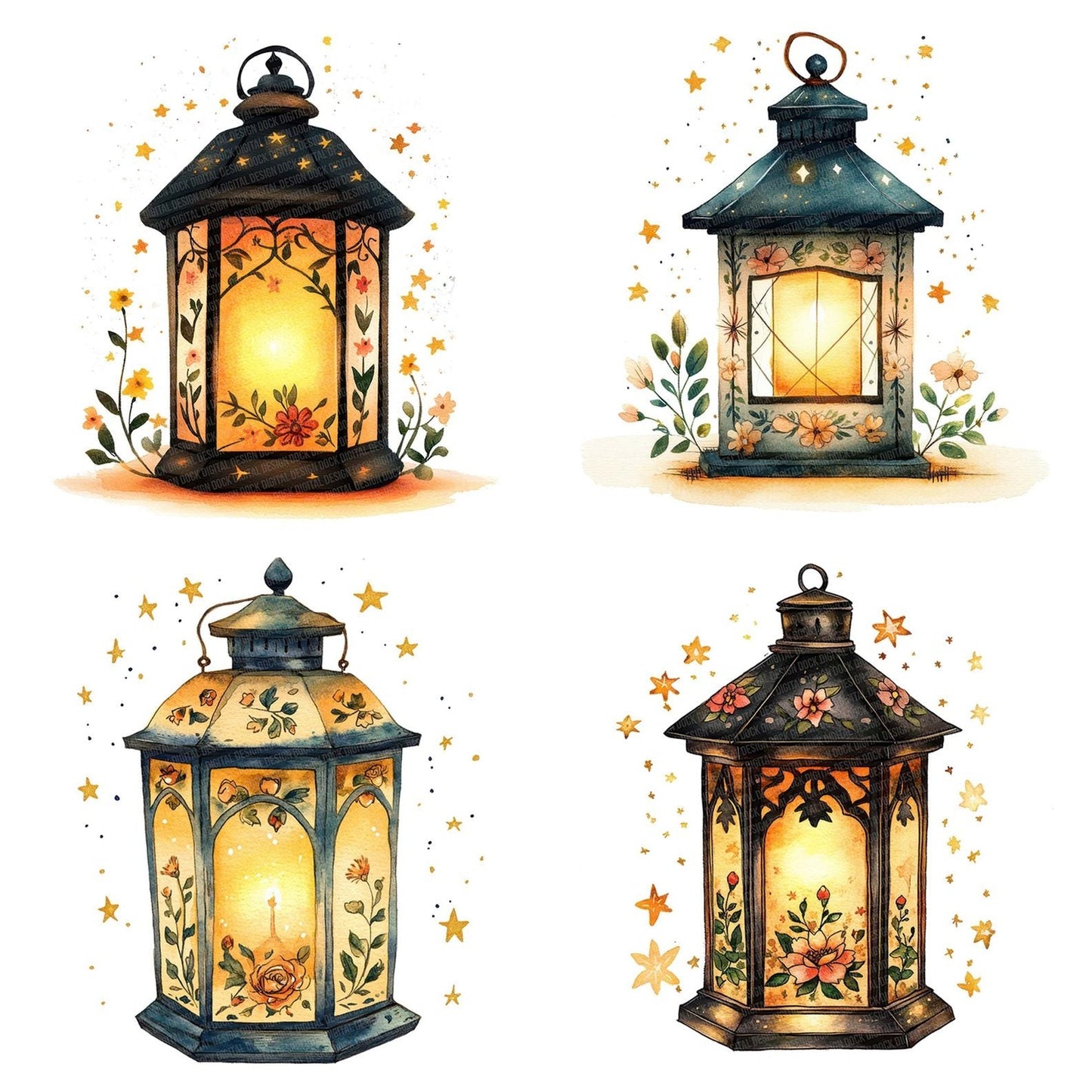 Folk Lantern with Florals Clipart Set (DDD005584)
