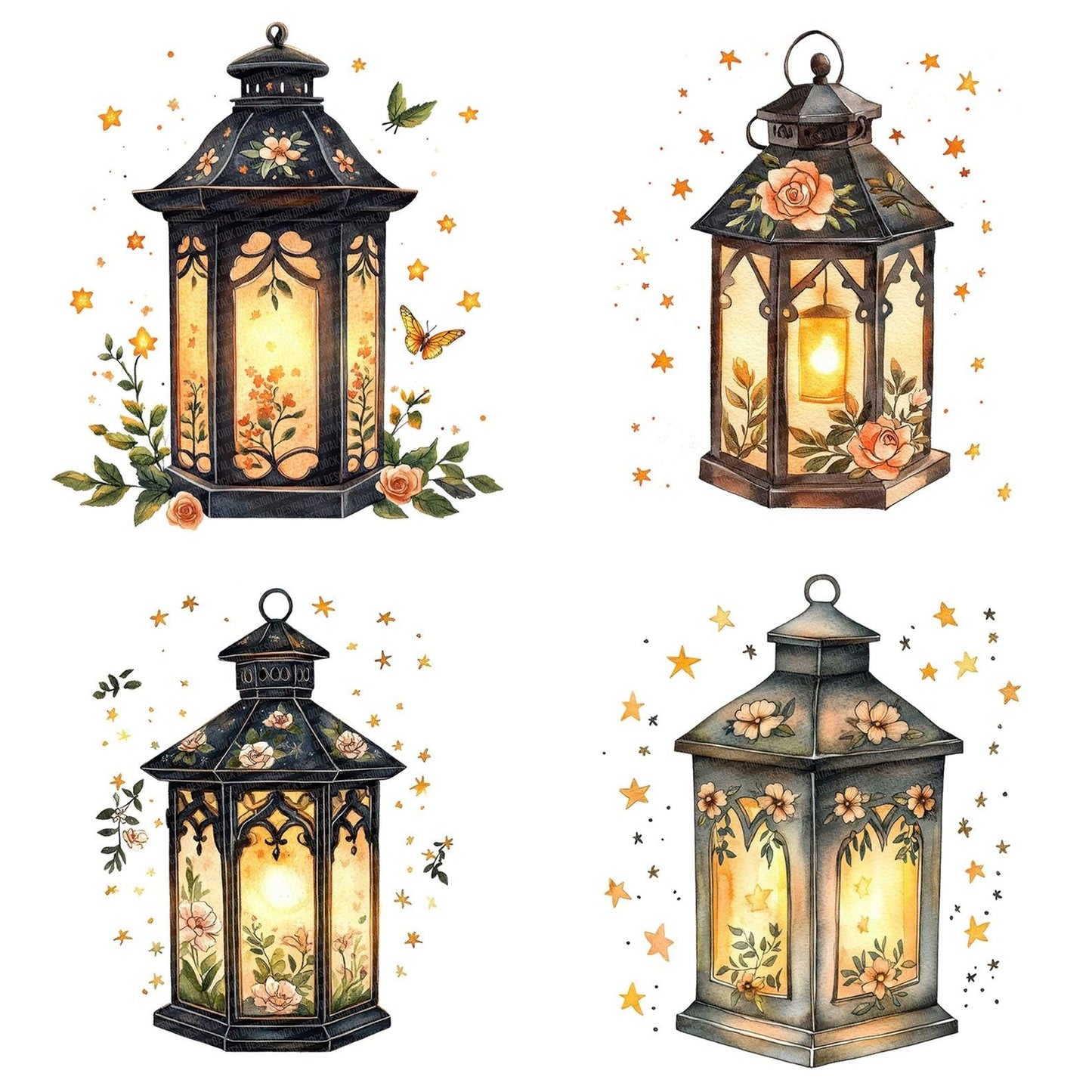 Folk Lantern with Florals Clipart Set (DDD005584)