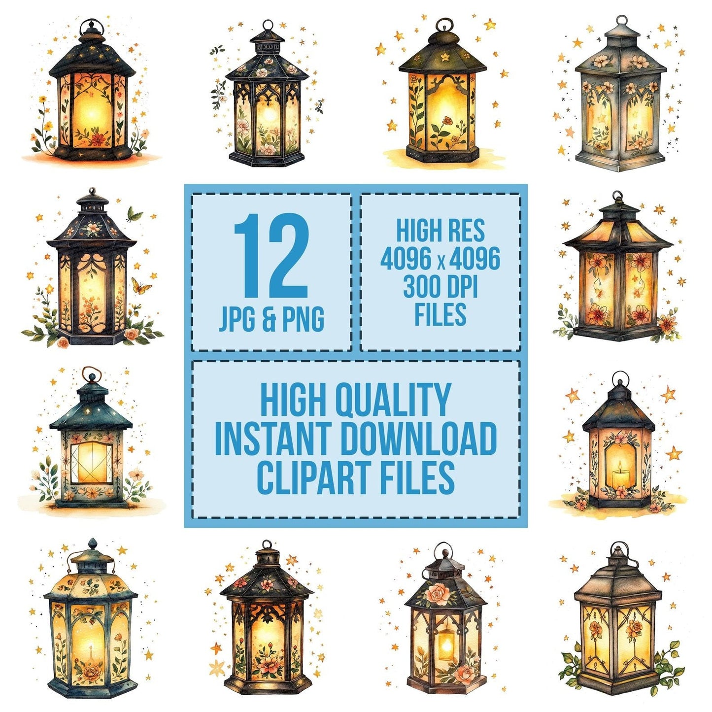 Folk Lantern with Florals Clipart Set (DDD005584)