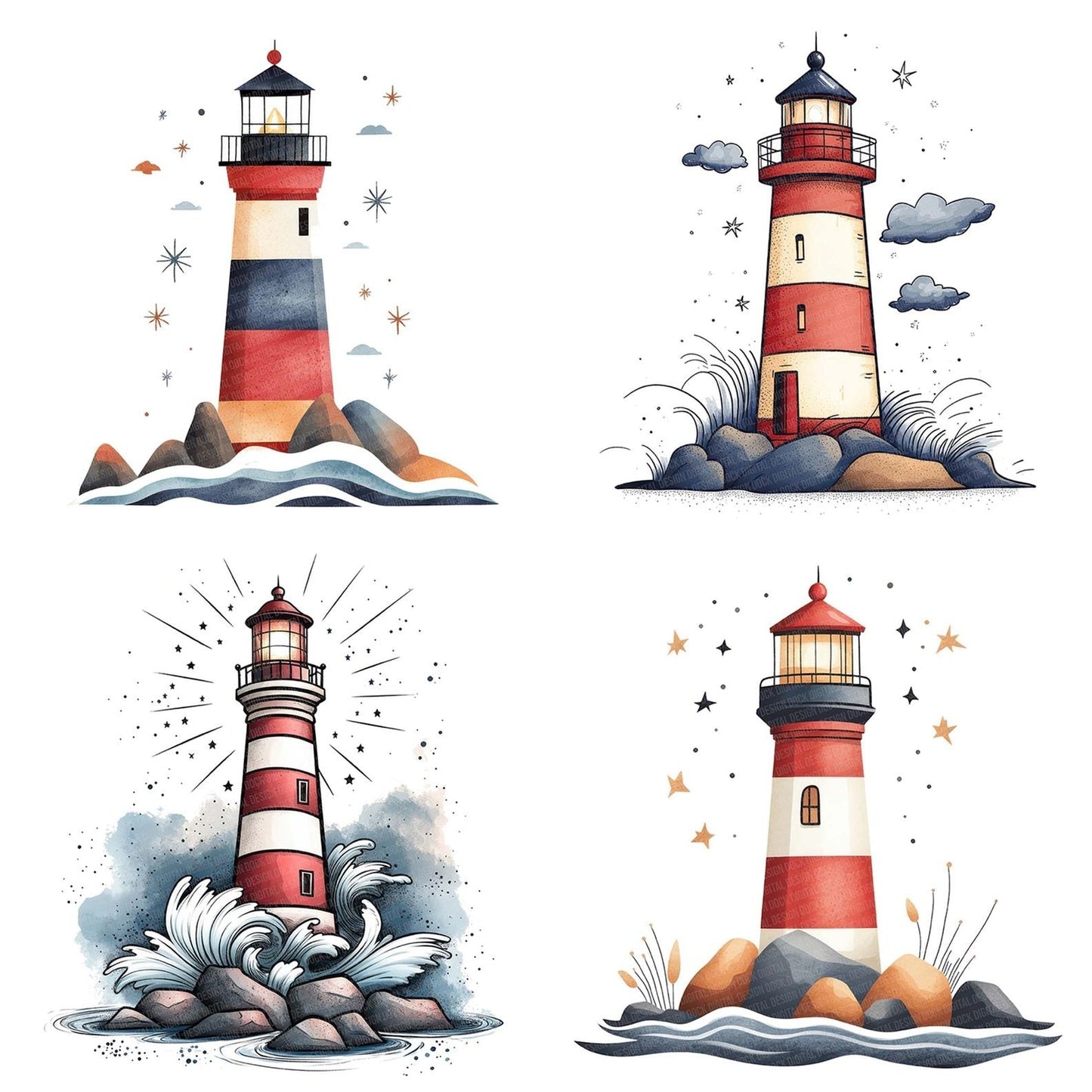 Folk Lighthouse and Waves Clipart Set (DDD005586)