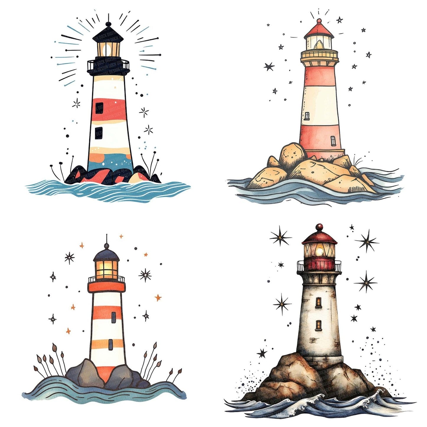 Folk Lighthouse and Waves Clipart Set (DDD005586)