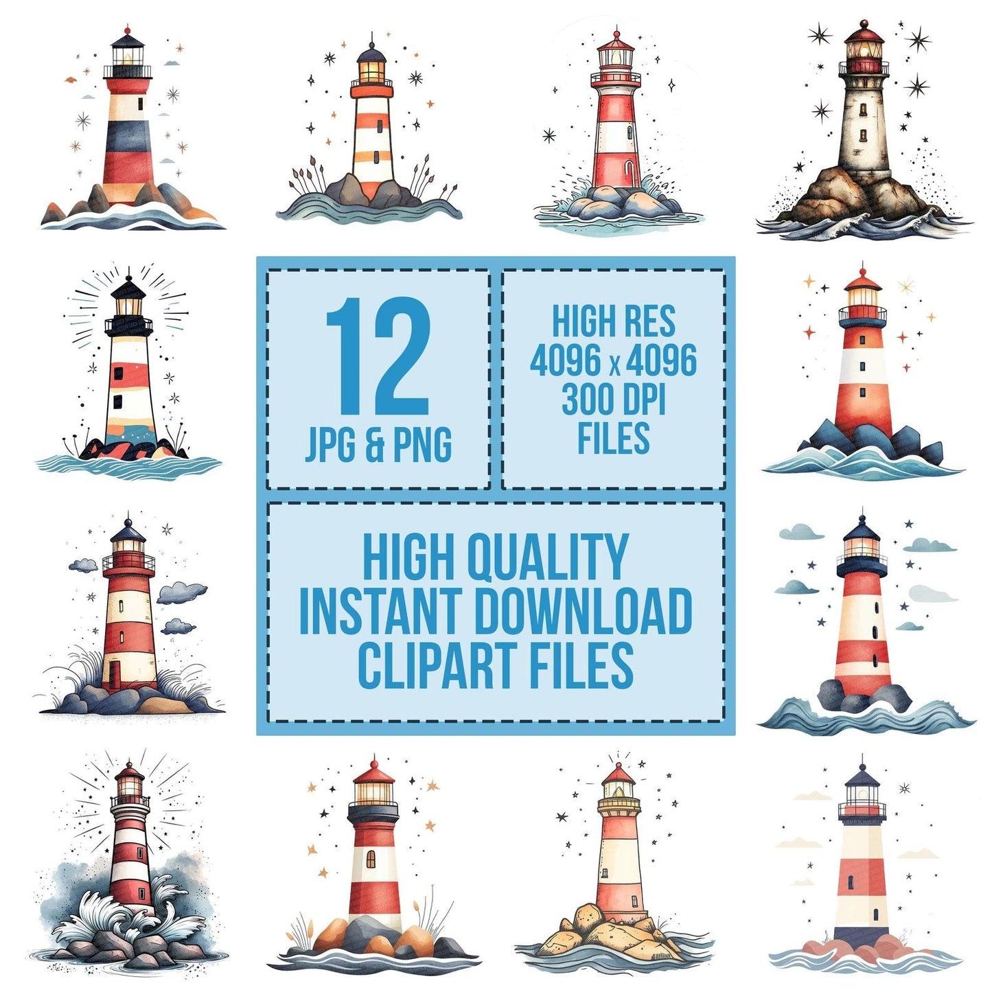 Folk Lighthouse and Waves Clipart Set (DDD005586)