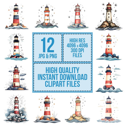 Folk Lighthouse and Waves clipart set cover showing the designs and file details