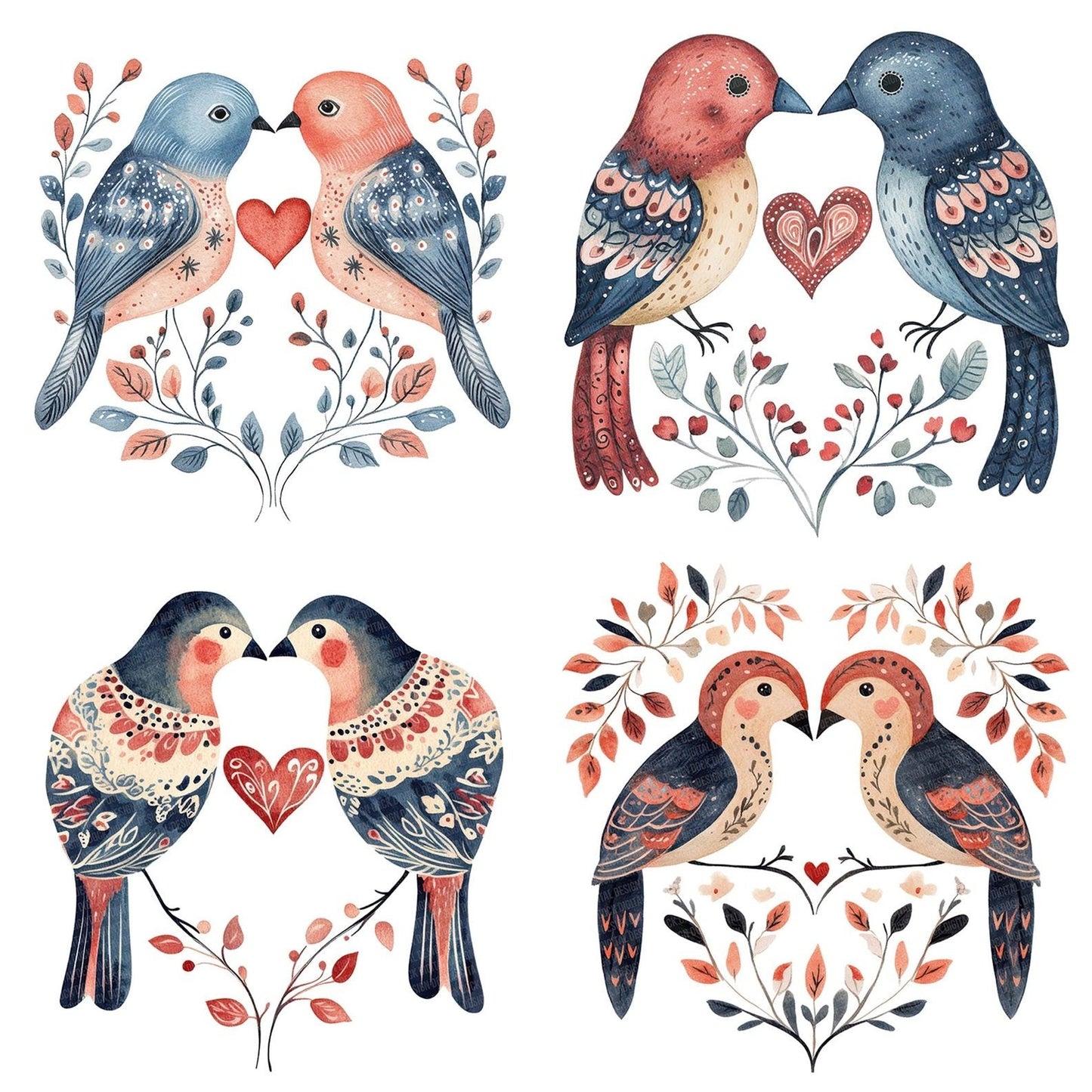 Folk Lovebirds Heart Tail Clipart Set (DDD005587)
