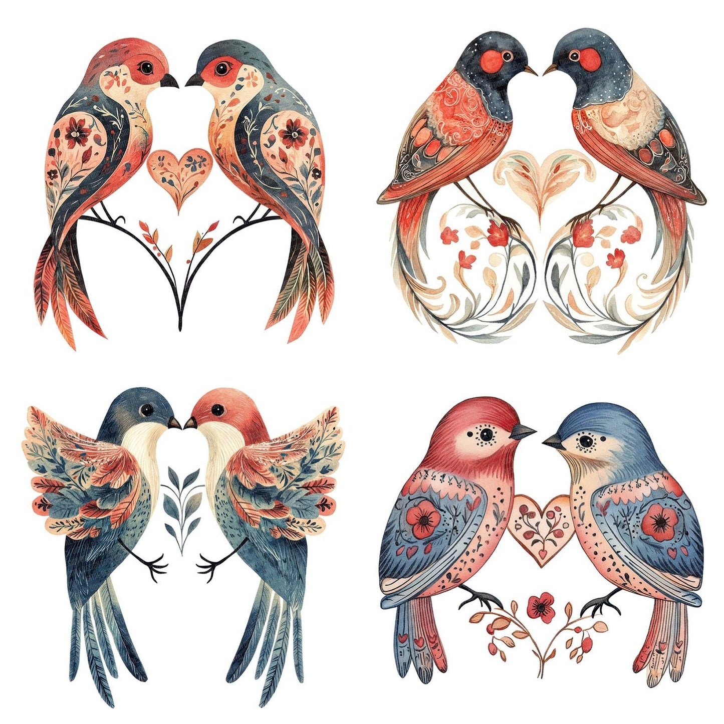 Folk Lovebirds Heart Tail Clipart Set (DDD005587)