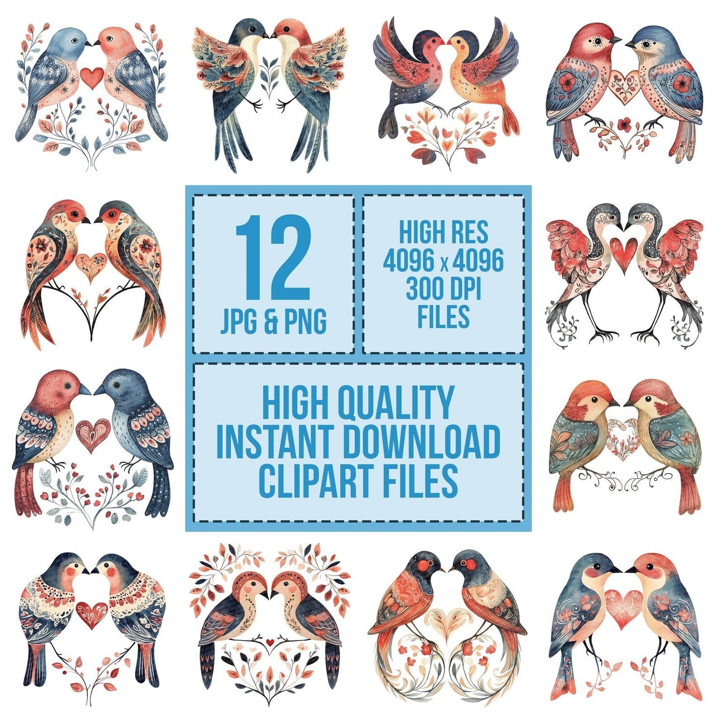 Folk Lovebirds Heart Tail Clipart Set (DDD005587)