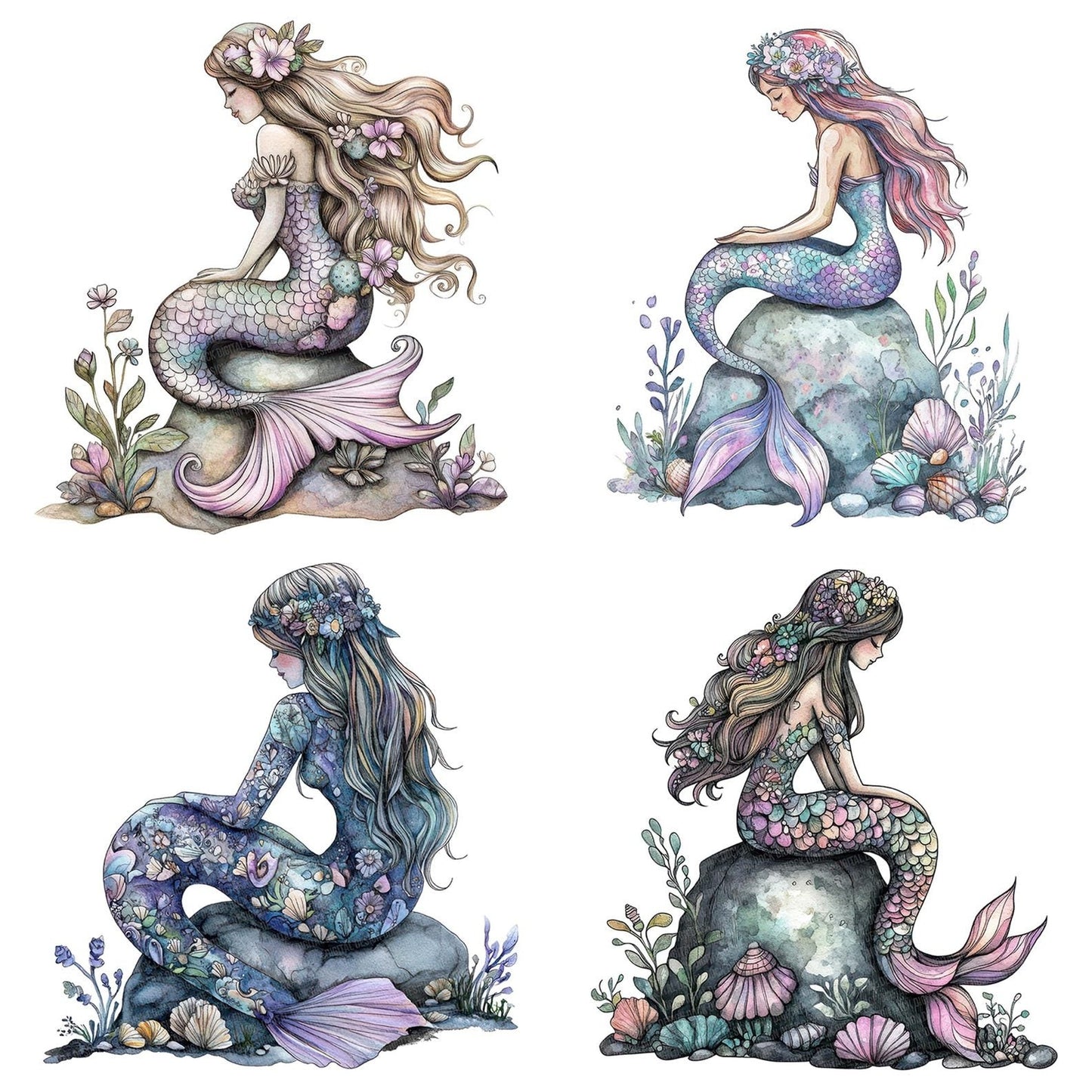 Folk Mermaid on Rock Clipart Set (DDD005588)