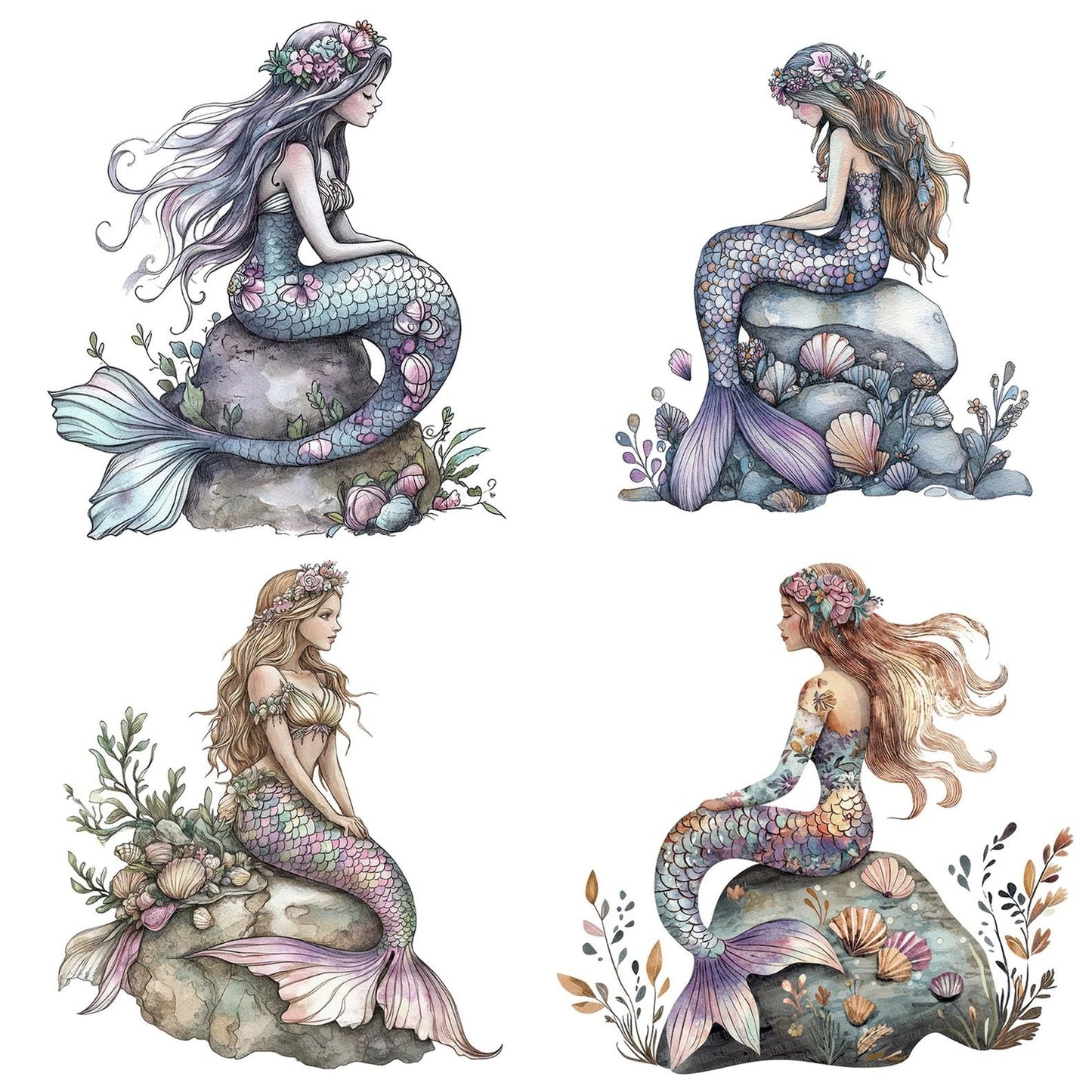 Folk Mermaid on Rock Clipart Set (DDD005588)