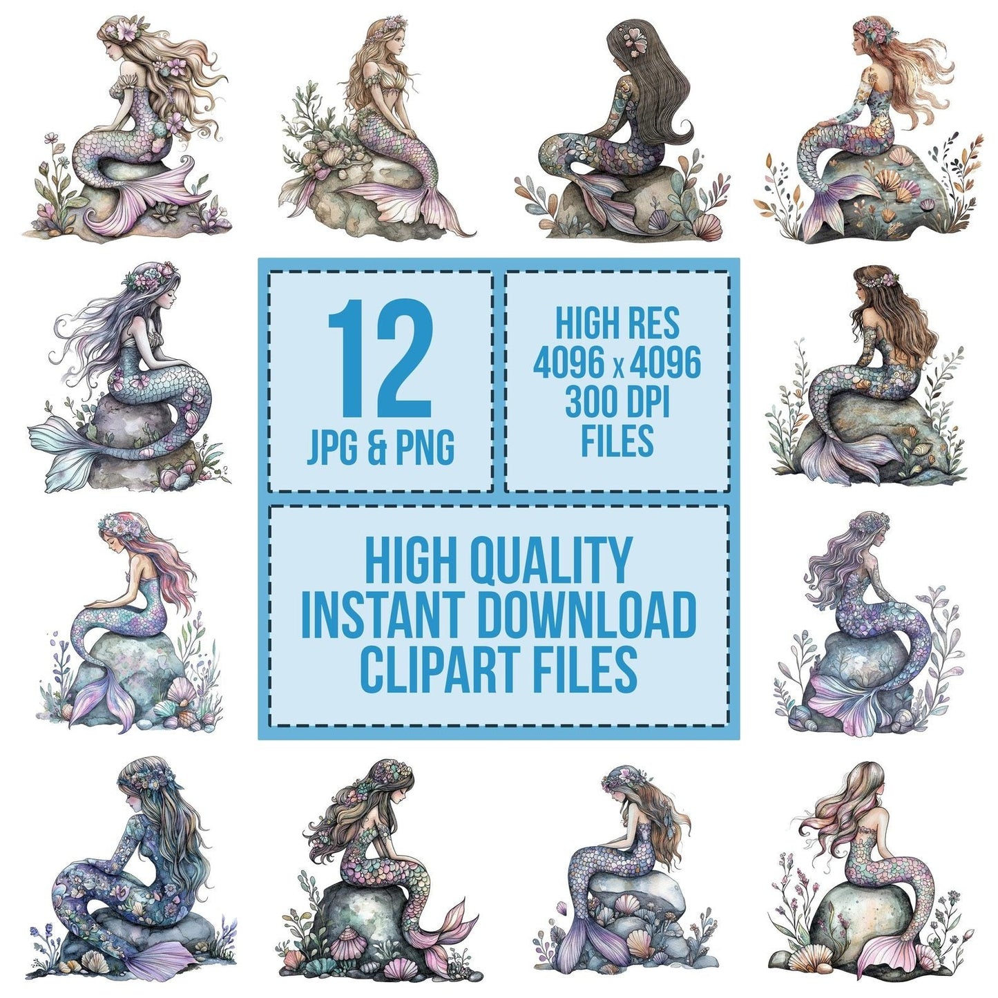 Folk Mermaid on Rock Clipart Set (DDD005588)