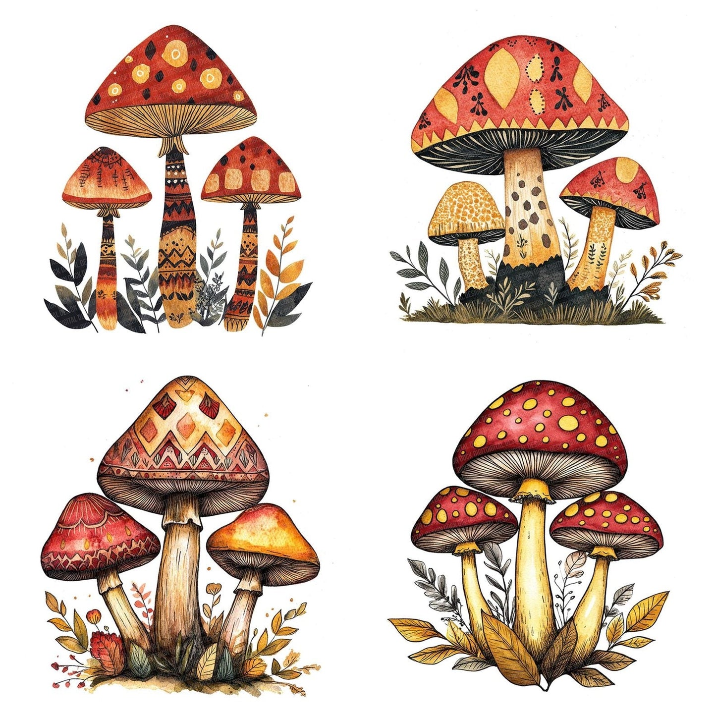 Folk Mushroom Trio Clipart Set (DDD005591)