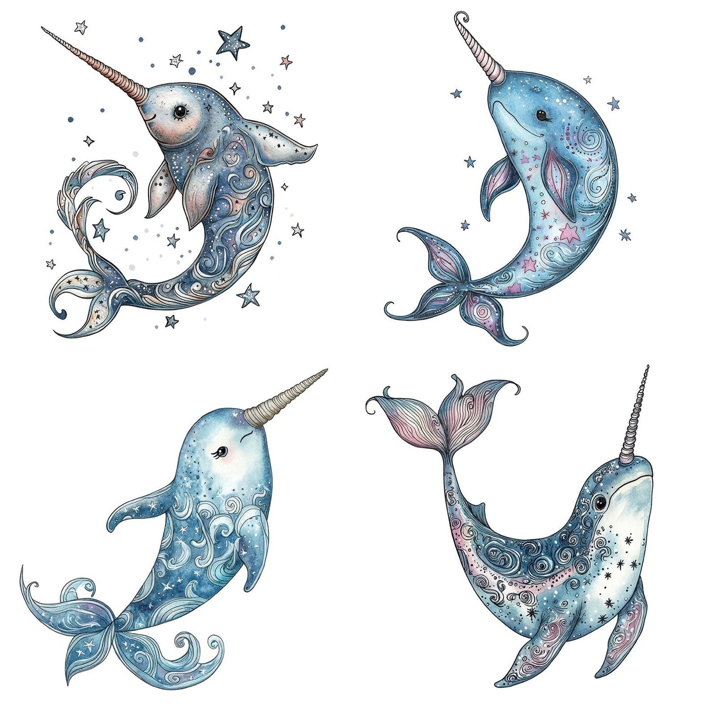 Folk Narwhal with Stars Clipart Set (DDD005592)