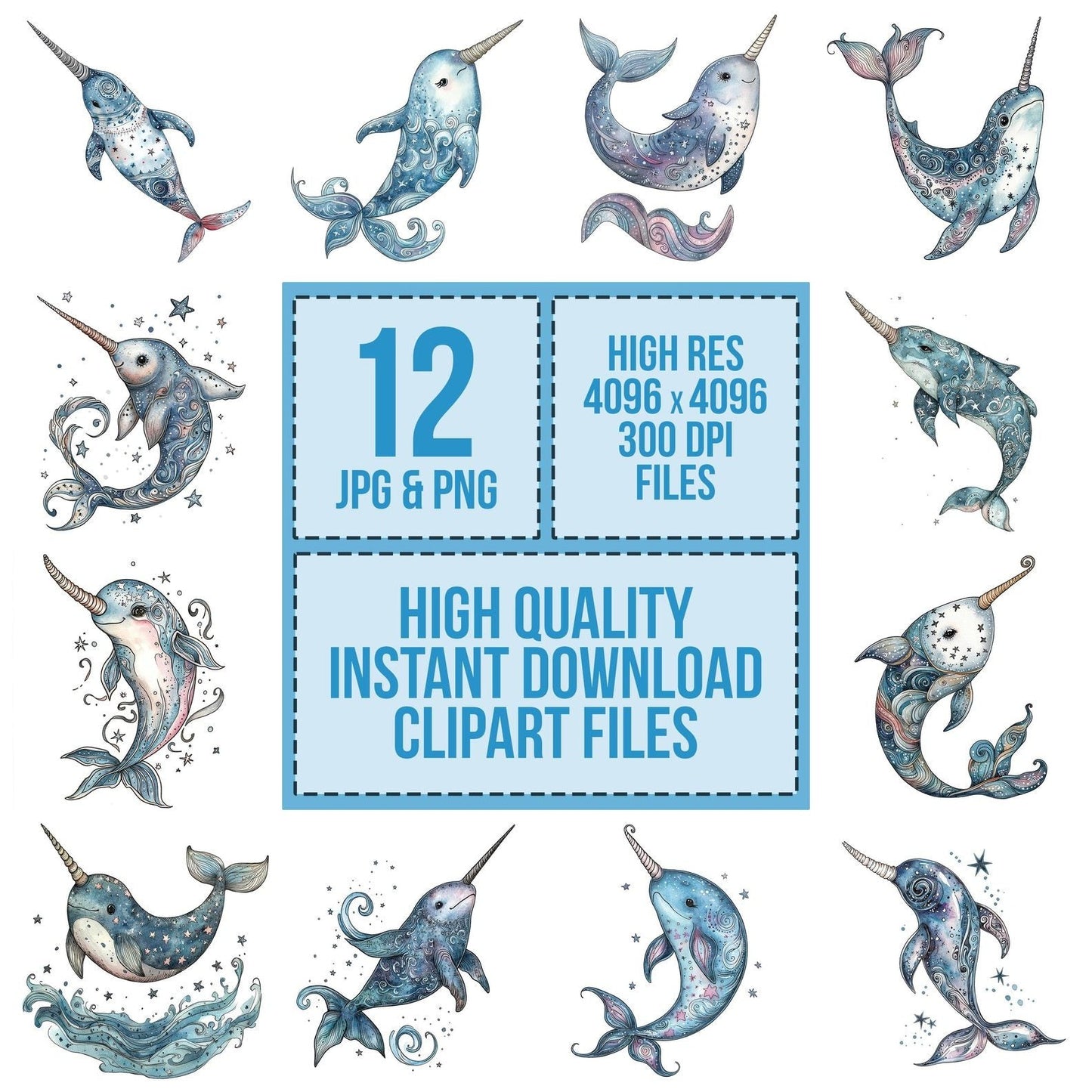 Folk Narwhal with Stars Clipart Set (DDD005592)