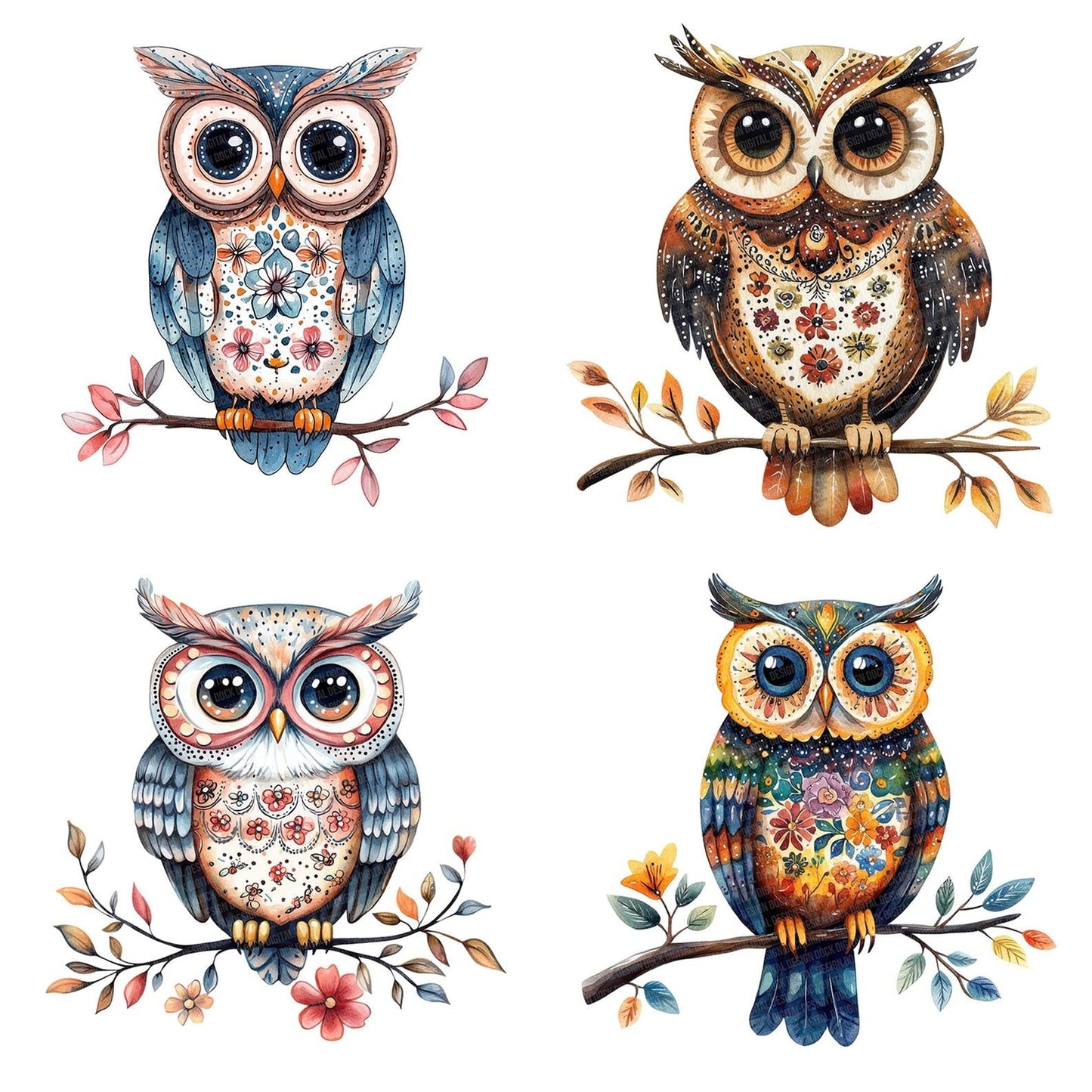 Folk Owl on Branch Clipart Set (DDD005595)