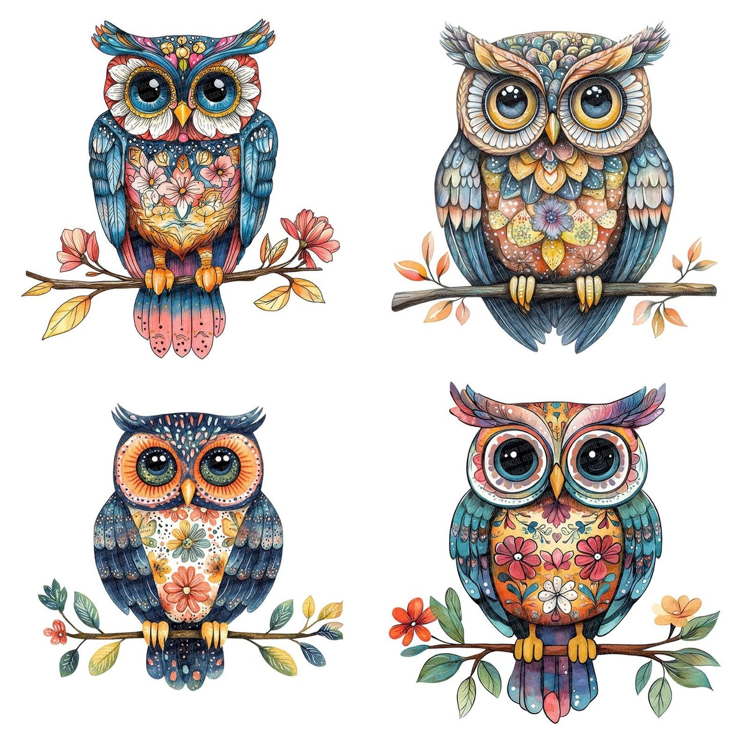 Folk Owl on Branch Clipart Set (DDD005595)