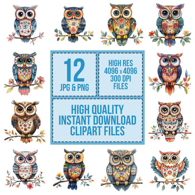 Folk Owl on Branch clipart set cover showing the designs and file details