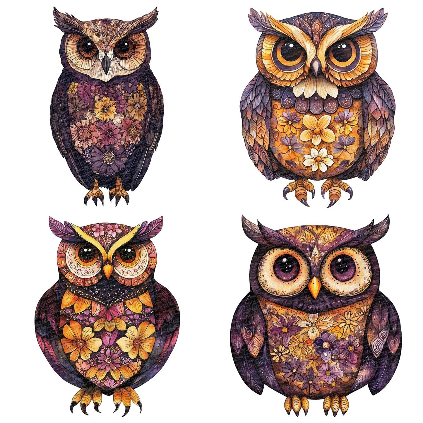 Folk Owl with Florals Clipart Set (DDD005596)
