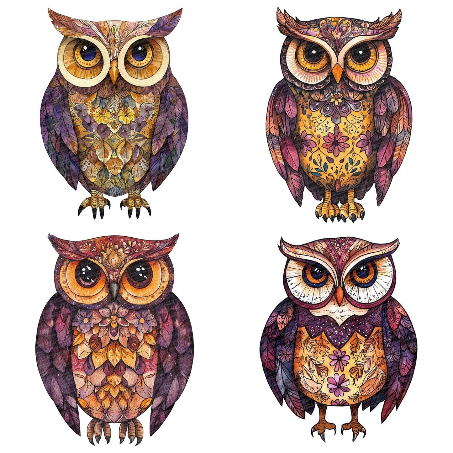 Folk Owl with Florals Clipart Set (DDD005596)