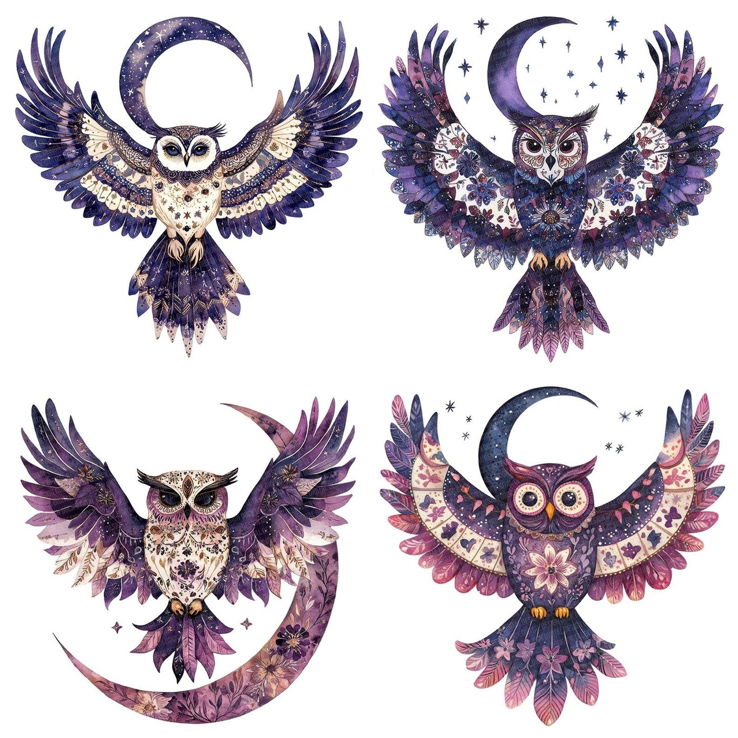 Folk Owl with Moon Clipart Set (DDD005597)