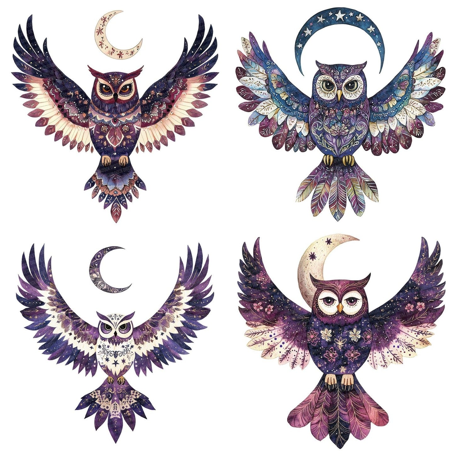 Folk Owl with Moon Clipart Set (DDD005597)