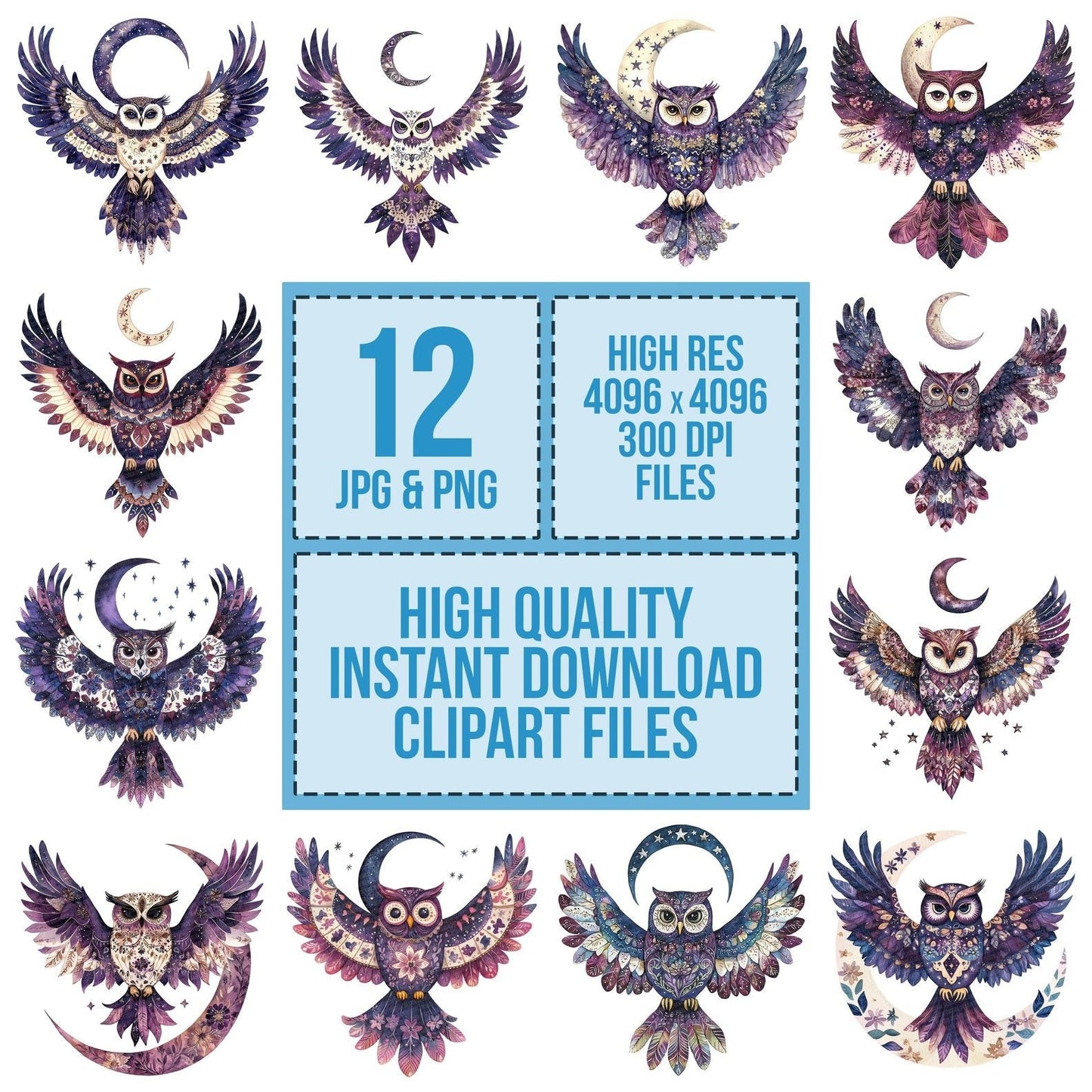 Folk Owl with Moon Clipart Set (DDD005597)