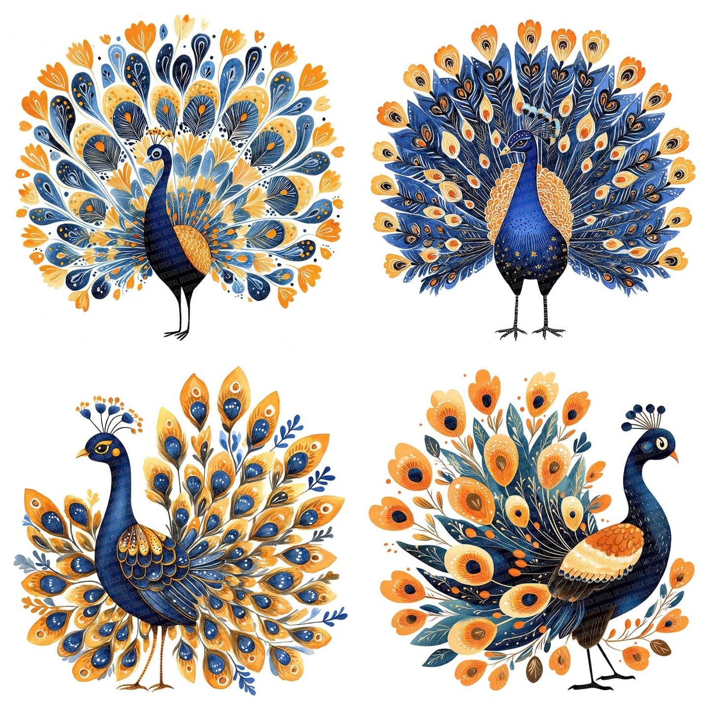 Folk Peacock with Florals Clipart Set (DDD005601)